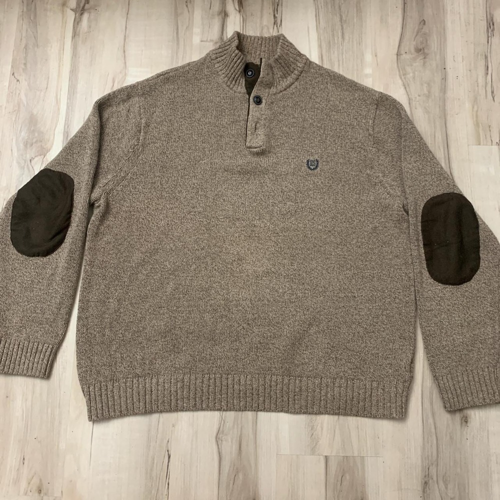 Chaps Mens XL Brown Tan Mock Neck Button Sweater with Elbow Patches Preppy